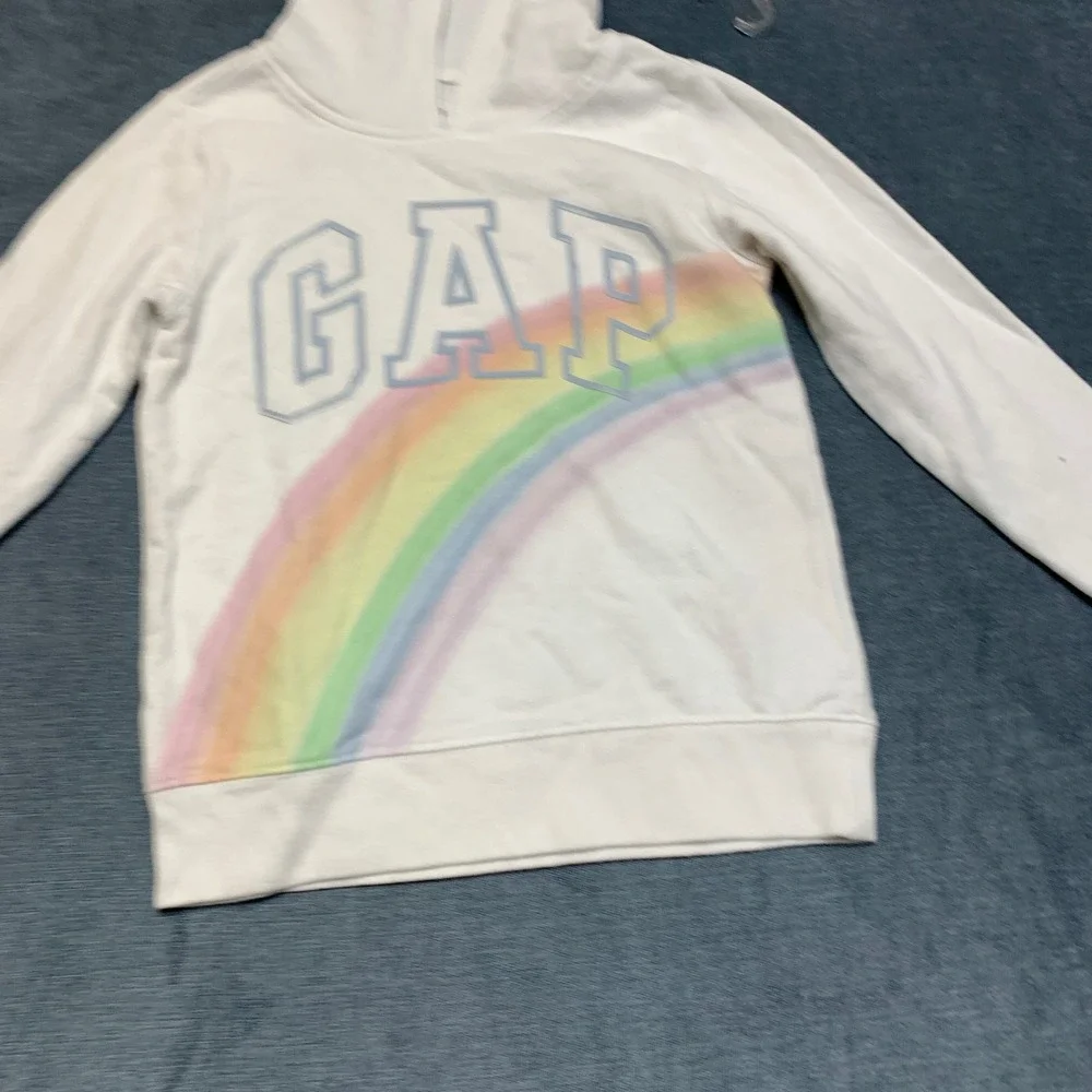 Gap Hoodie Kids M8 White Rainbow Graphic Print Logo Short Sleeve Pullover
